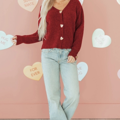 Margo Red Cardigan - Gold Heart Button V-Neck Knit - Image 7