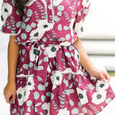 Ronan - Red Floral Print Trimmed Short Puff Sleeve Mini Dress with Tie - Image 4