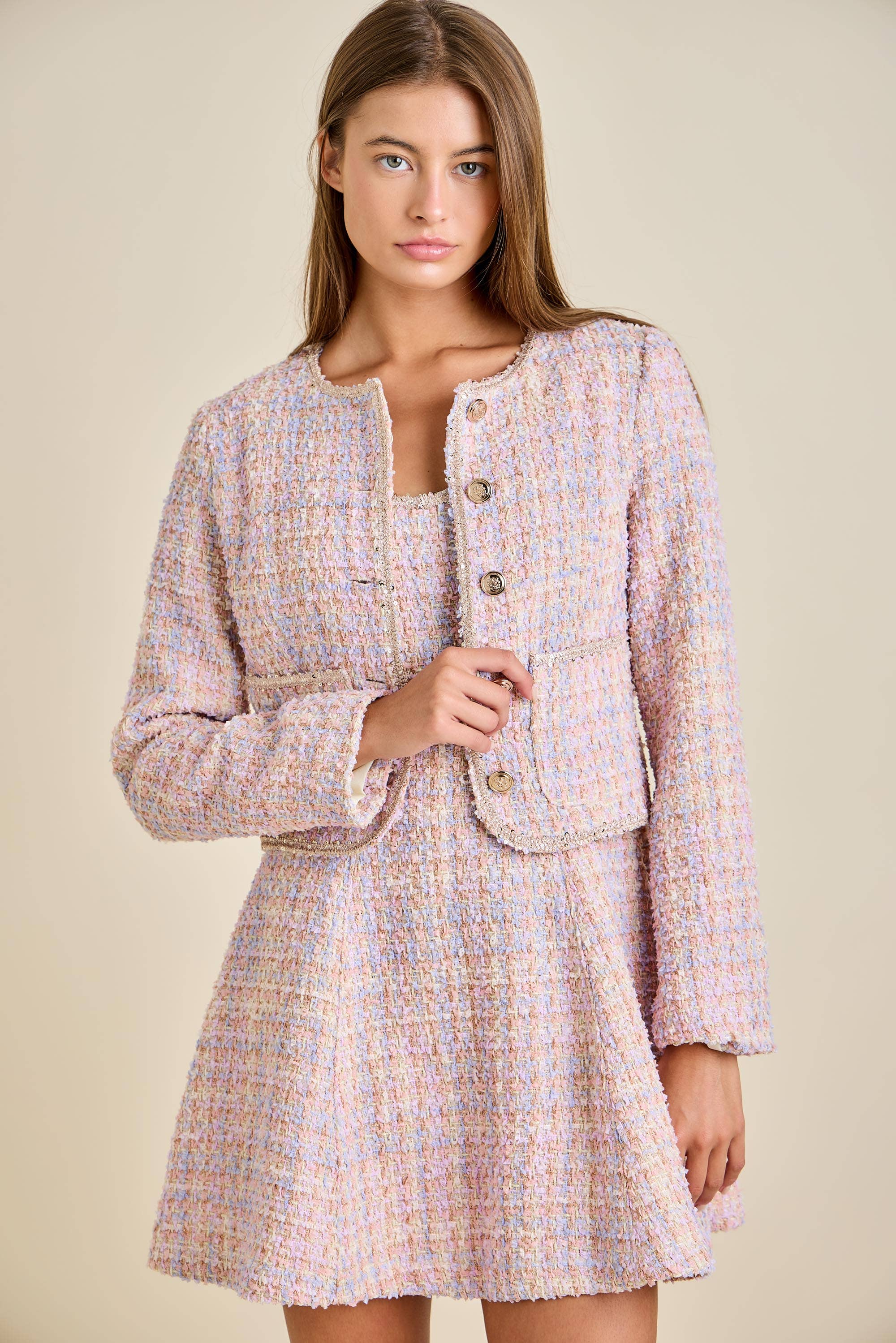 Sloane - Pastel Sequin Braid Detailed Round Neck Tweed Jacket & Mini Dress Set - Image 14
