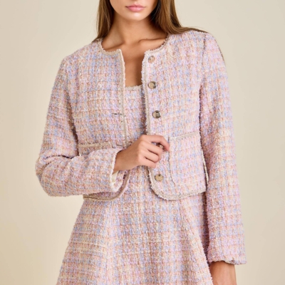 Sloane - Pastel Sequin Braid Detailed Round Neck Tweed Jacket & Mini Dress Set