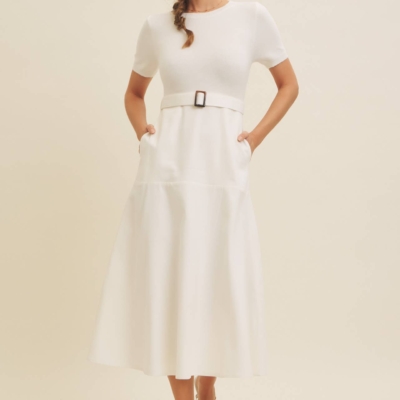 Delaney Sweater Midi Dress - White Mixed Media Dress with Belt