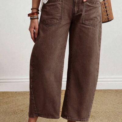 Miranda - Coffee Solid Color Square Patch Pocket Ankle-length Barrel Jeans - Image 7