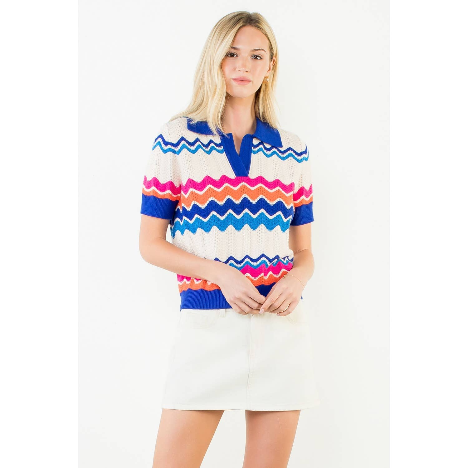 Tracey - Short Sleeve Collared Zigzag Knit Top - Image 7