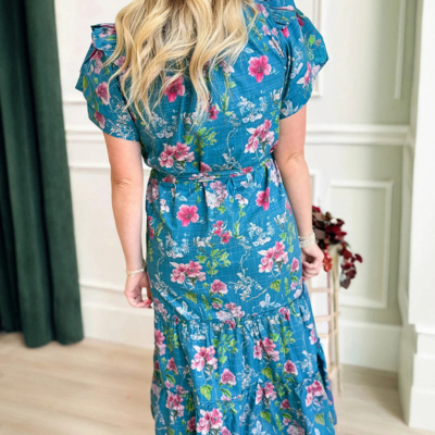 Alternative view of Hadley - Blue Floral Flutter Sleeve Button Tie Split Neck Belted Midi Dress