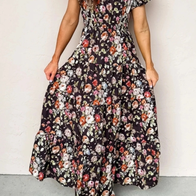 Sally- Black Floral Tiered Maxi Dress