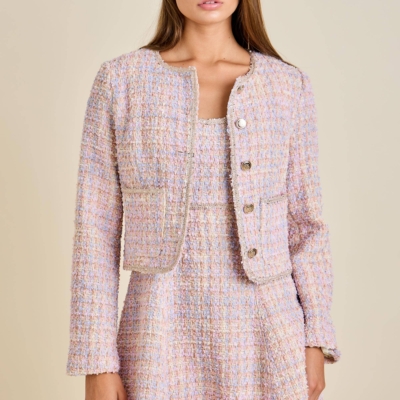 Sloane - Pastel Sequin Braid Detailed Round Neck Tweed Jacket & Mini Dress Set - Image 9