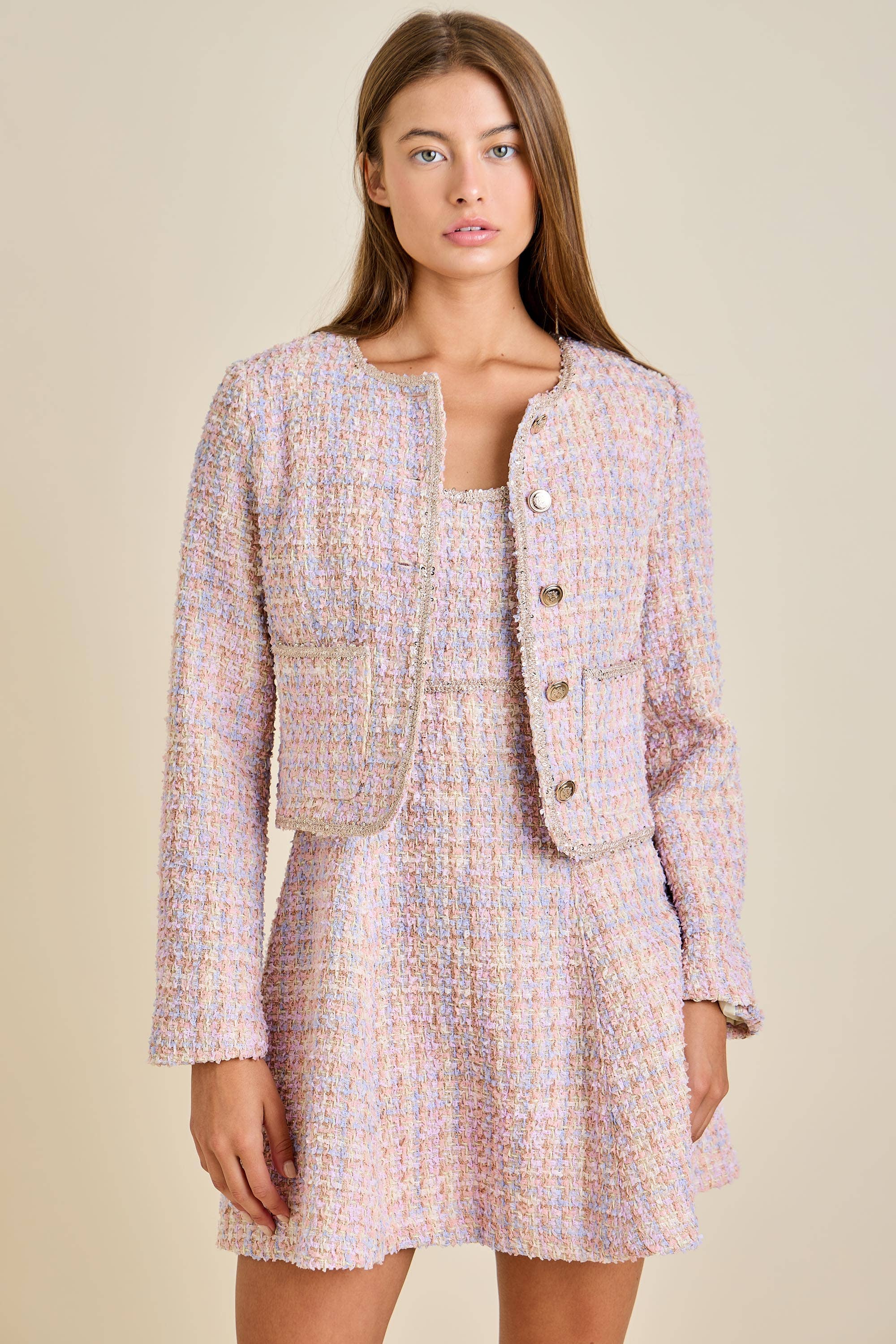 Sloane - Pastel Sequin Braid Detailed Round Neck Tweed Jacket & Mini Dress Set - Image 9
