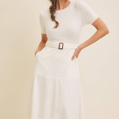 Delaney Sweater Midi Dress - White Mixed Media Dress with Belt - Image 10