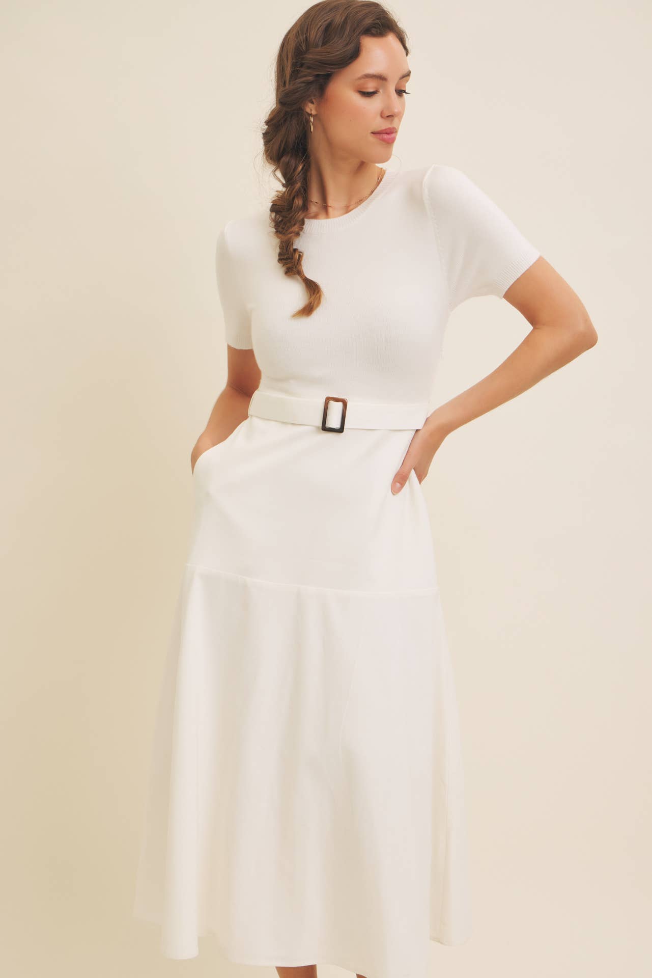 Delaney Sweater Midi Dress - White Mixed Media Dress with Belt - Image 10