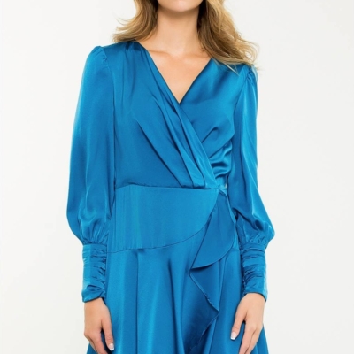 Blue Long Sleeve Flutter Dress - Image 7