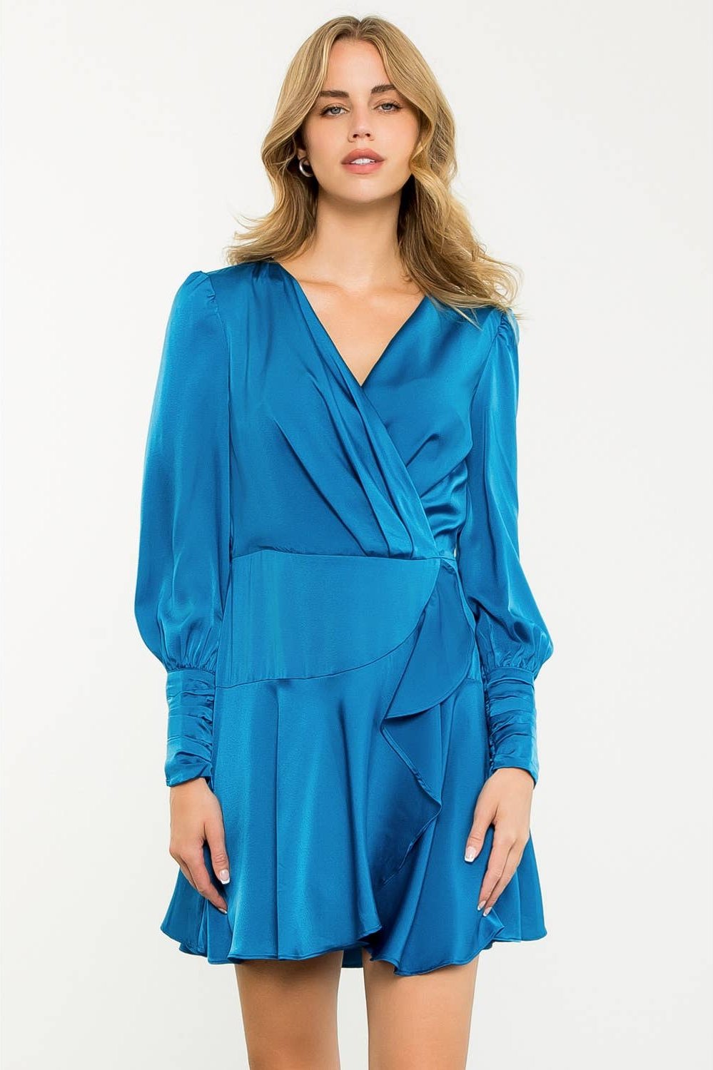 Blue Long Sleeve Flutter Dress - Image 7