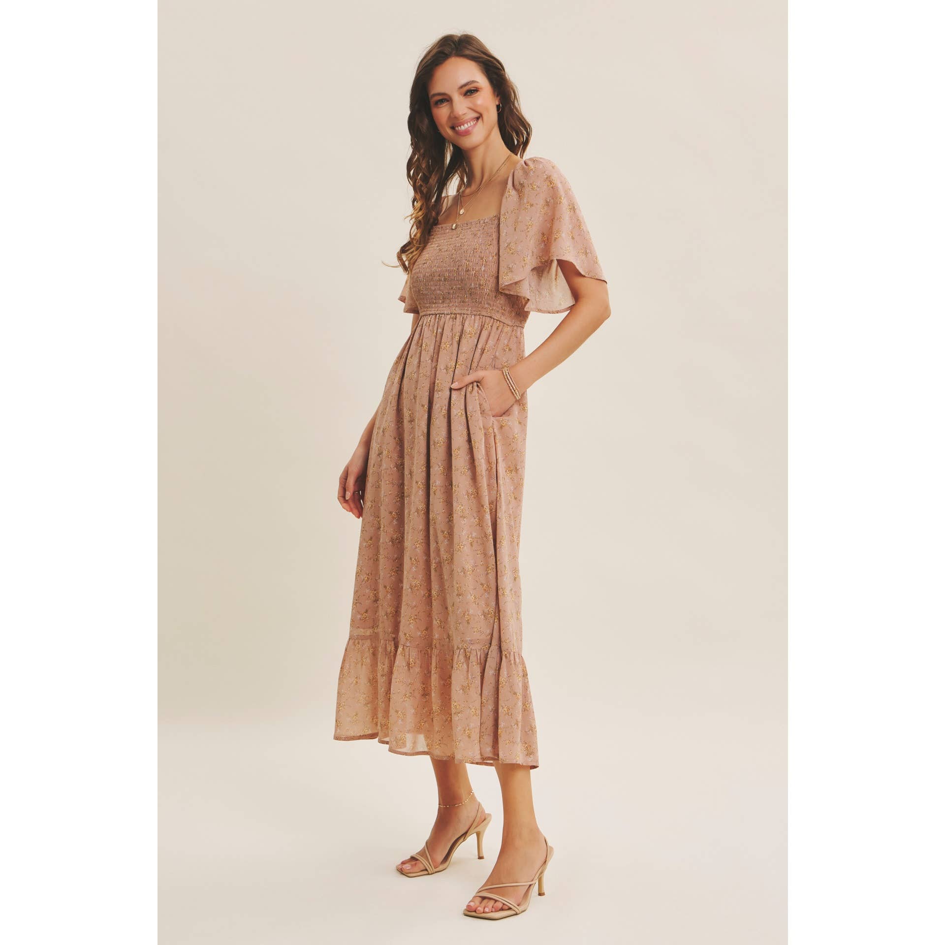 Ariana Square Neck Floral Chiffon Smocked Midi Dress - Image 10