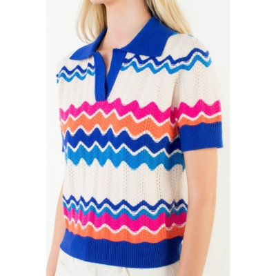Tracey - Short Sleeve Collared Zigzag Knit Top - Image 4