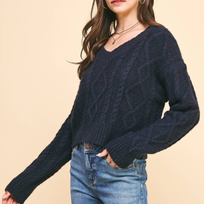 Elizabeth Cable Knit Sweater - Cropped V-Neck, Navy or Camel - Image 9