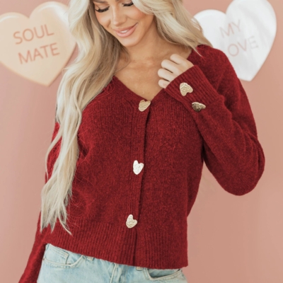Margo Red Cardigan - Gold Heart Button V-Neck Knit - Image 3