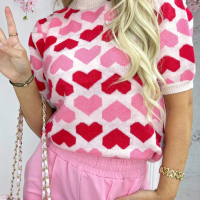 FINAL SALE Rosie - Pink 2-Tone Heart Print Valentine Crew Neck Short Sleeve Sweater