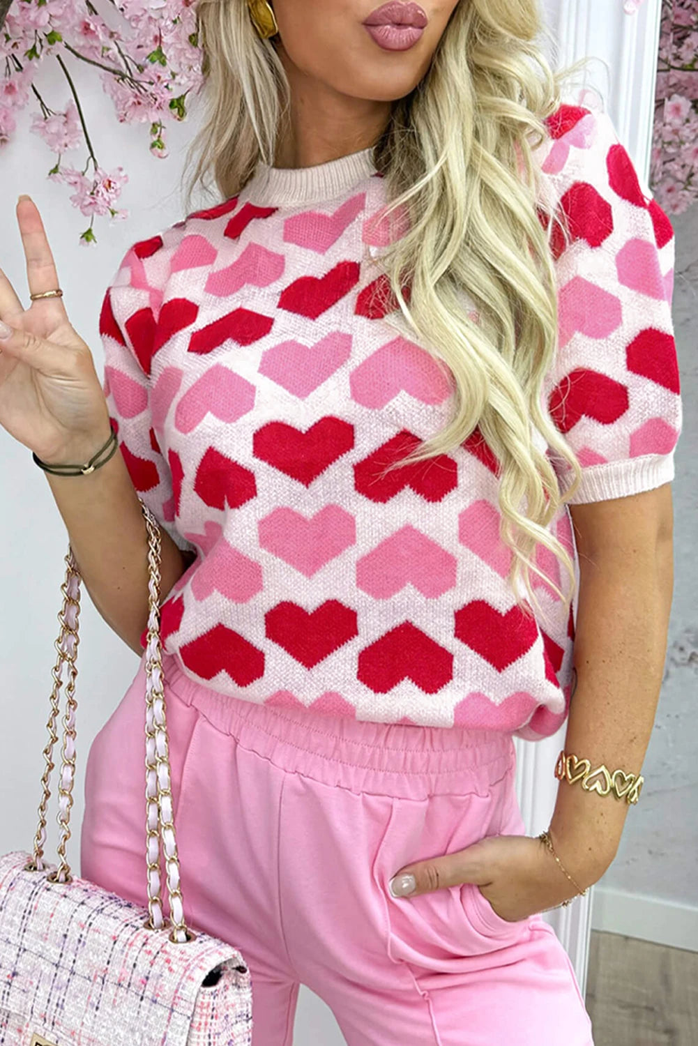 FINAL SALE Rosie - Pink 2-Tone Heart Print Valentine Crew Neck Short Sleeve Sweater