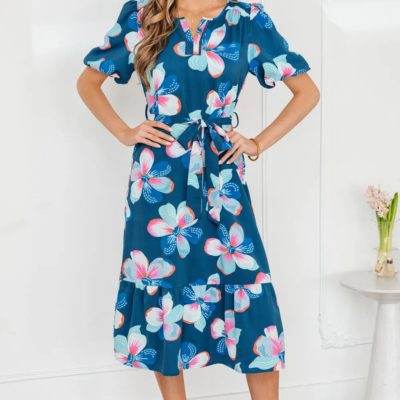 Alternative view of Myra - Blue Floral Print Short Puff Sleeve Ruffle Hem Belted Long Dress