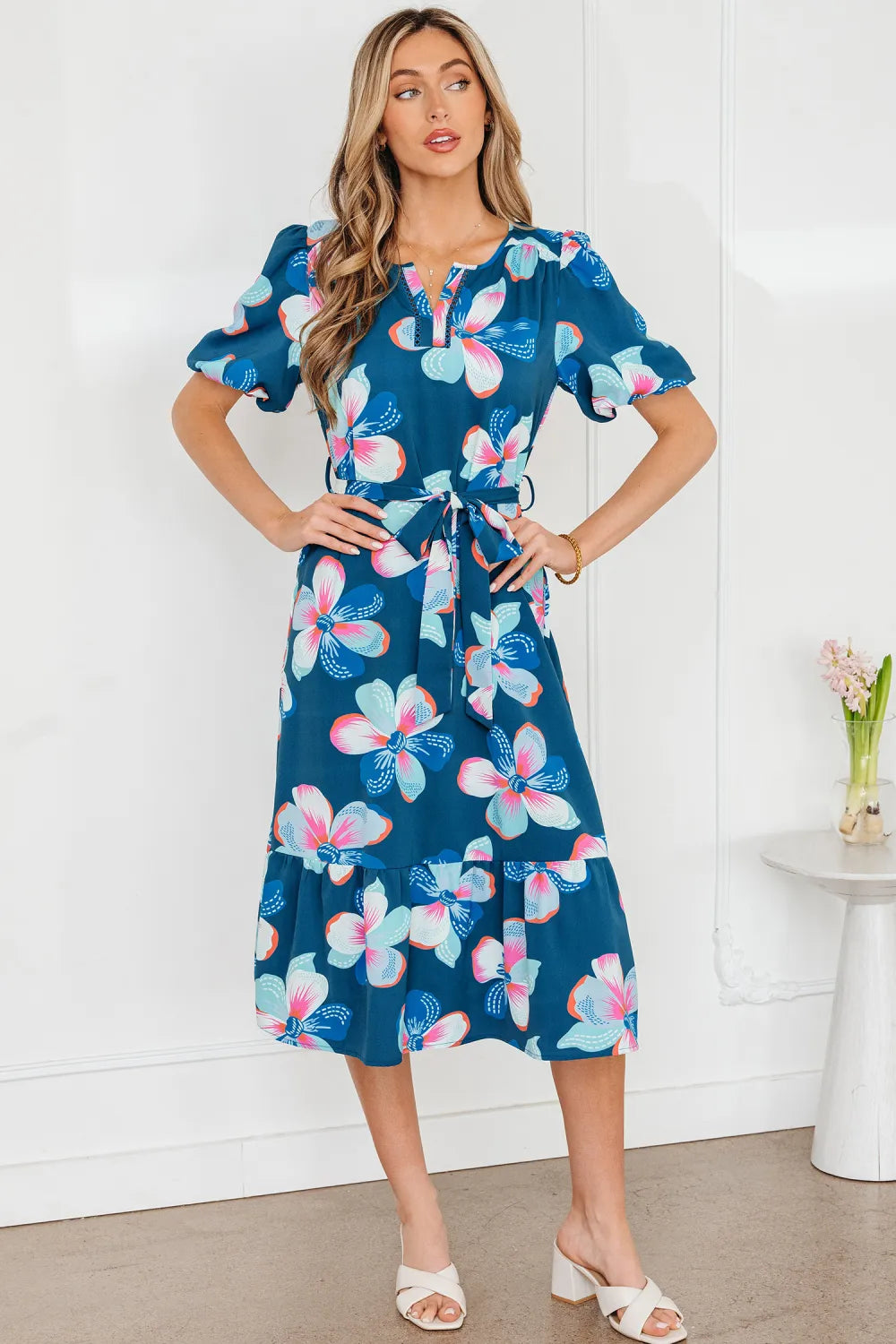 Myra - Blue Floral Print Short Puff Sleeve Ruffle Hem Belted Long Dress - Image 2