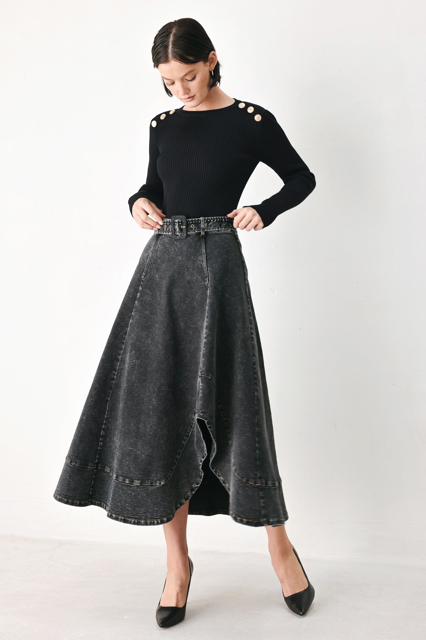 SHADOW STITCH ROMANCE DENIM MIDI SKIRT - Image 2