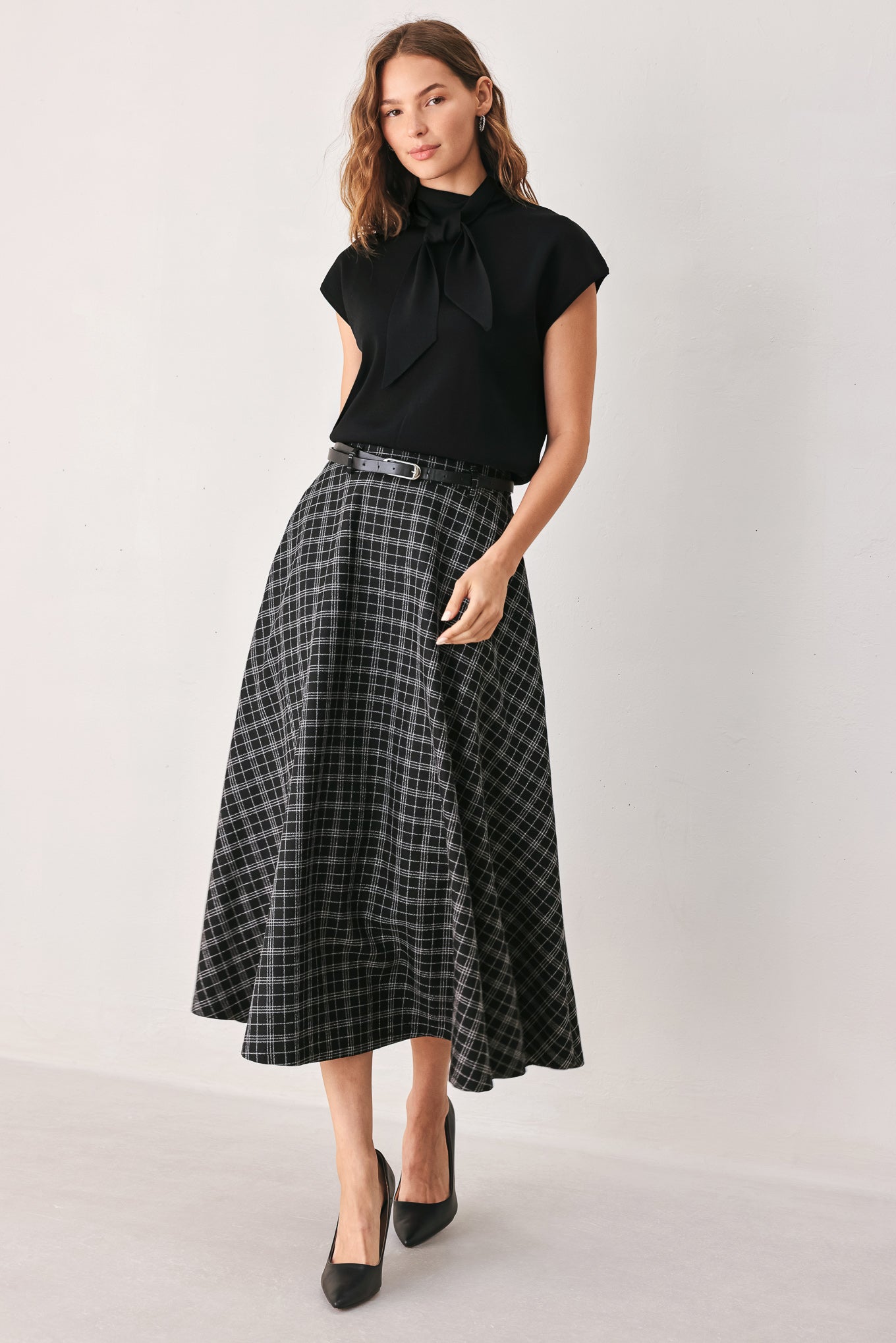 MONOCHROME CHECK FULL-SWEEP MIDI SKIRT - Image 2