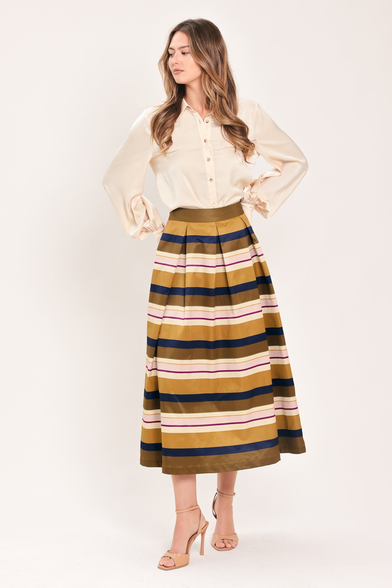 SAFFRON STRIPE WHISPER WOVEN FULL MIDI SKIRT - Image 4