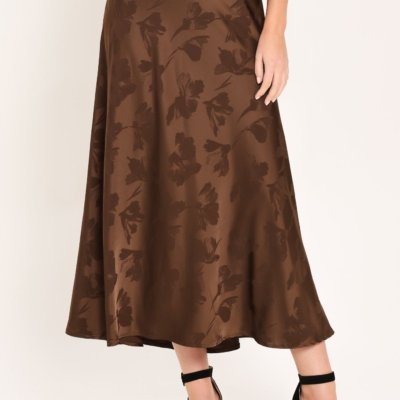 CHOCOLATE FLORAL WOVEN JACQUARD MIDI SKIRT