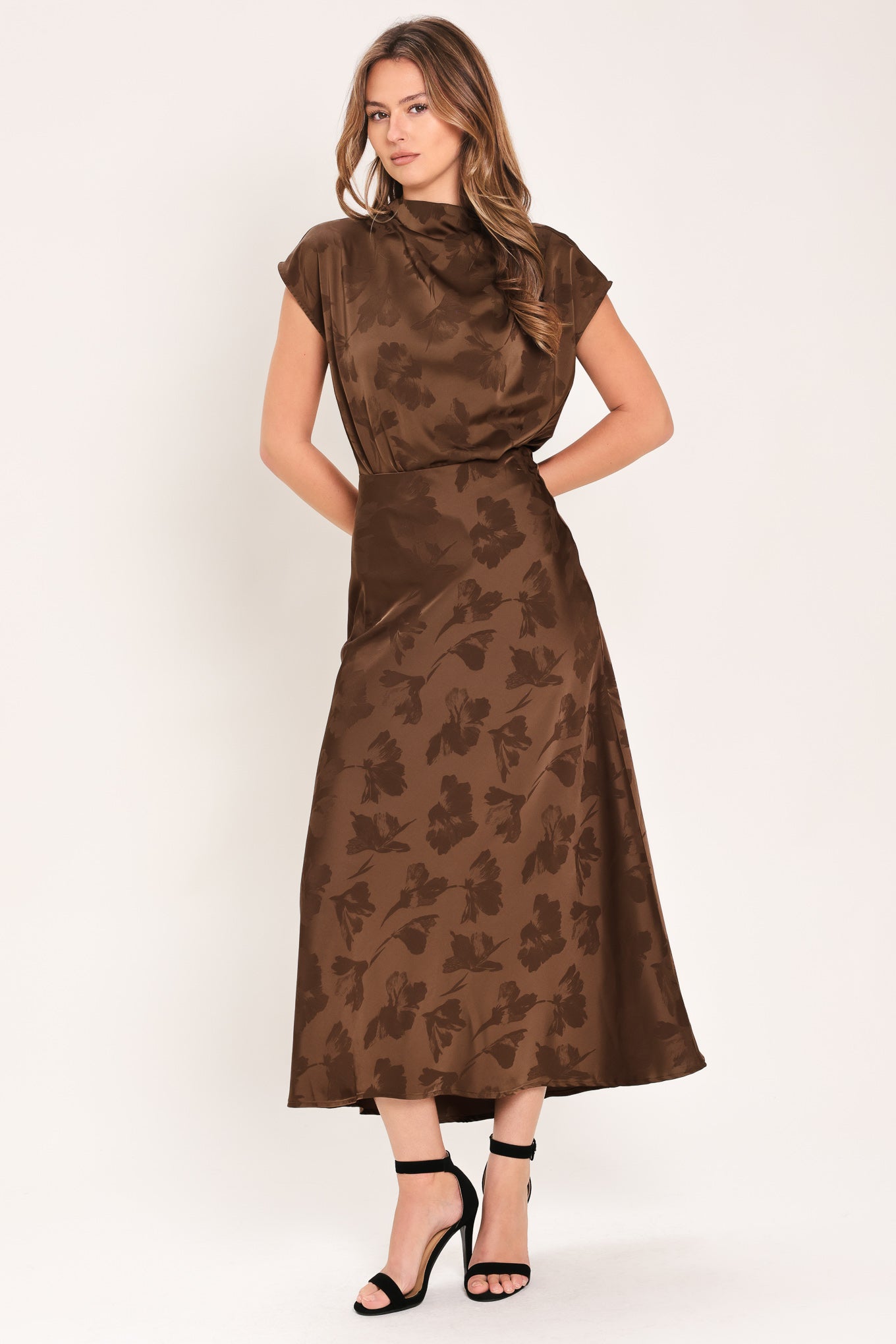 CHOCOLATE FLORAL WOVEN JACQUARD MIDI SKIRT - Image 2