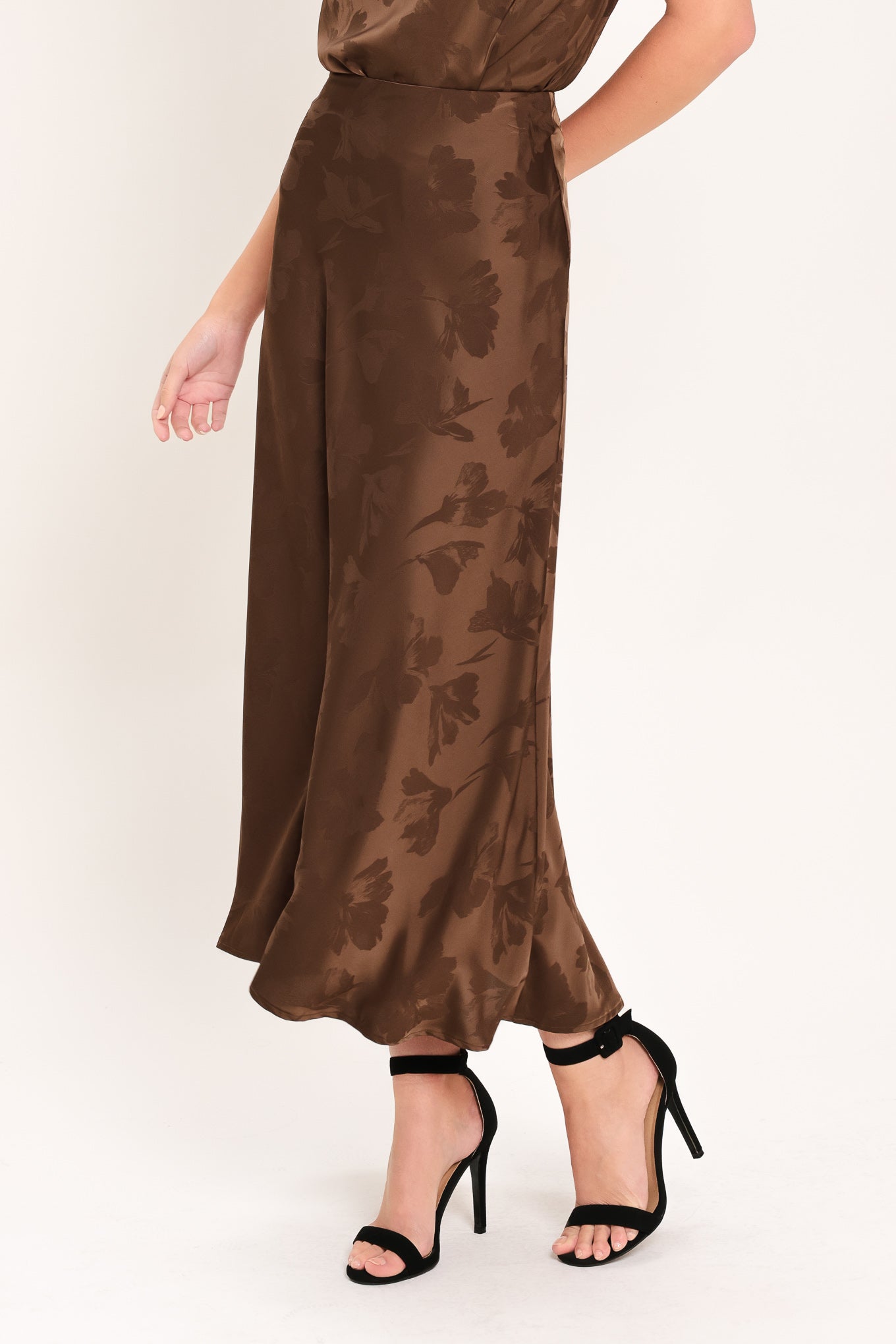 CHOCOLATE FLORAL WOVEN JACQUARD MIDI SKIRT - Image 3