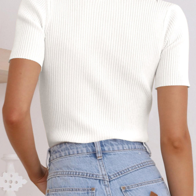 Tricia Ribbed Knit V-Neck Top - Short Sleeve, Black or White - Image 8