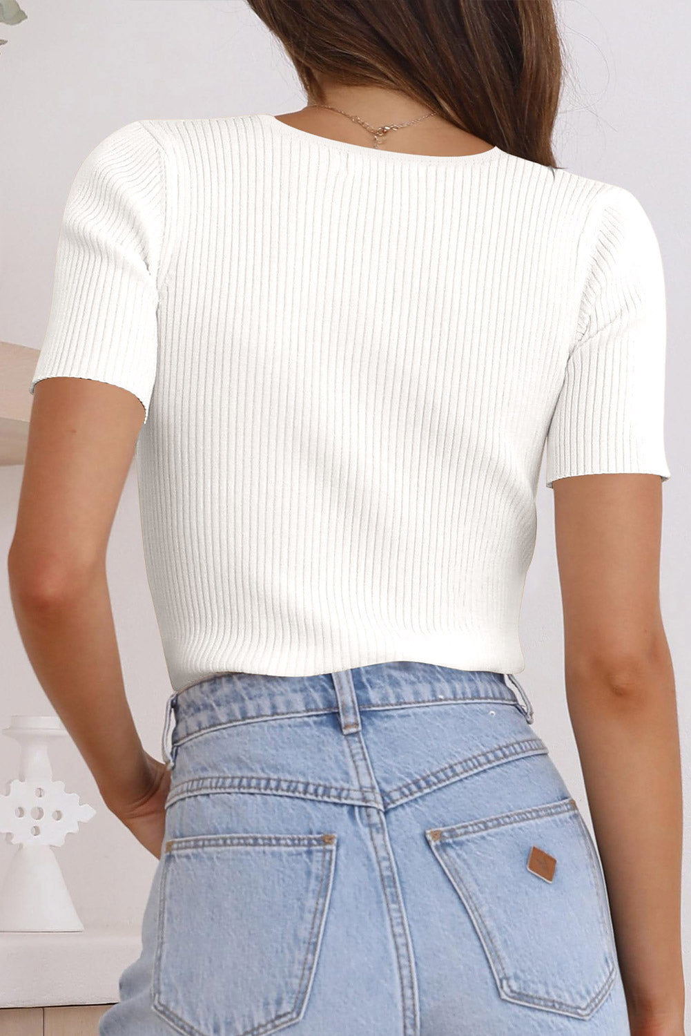 Tricia Ribbed Knit V-Neck Top - Short Sleeve, Black or White - Image 8