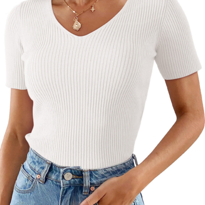 Alternative view of Tricia Ribbed Knit V-Neck Top - Short Sleeve, Black or White