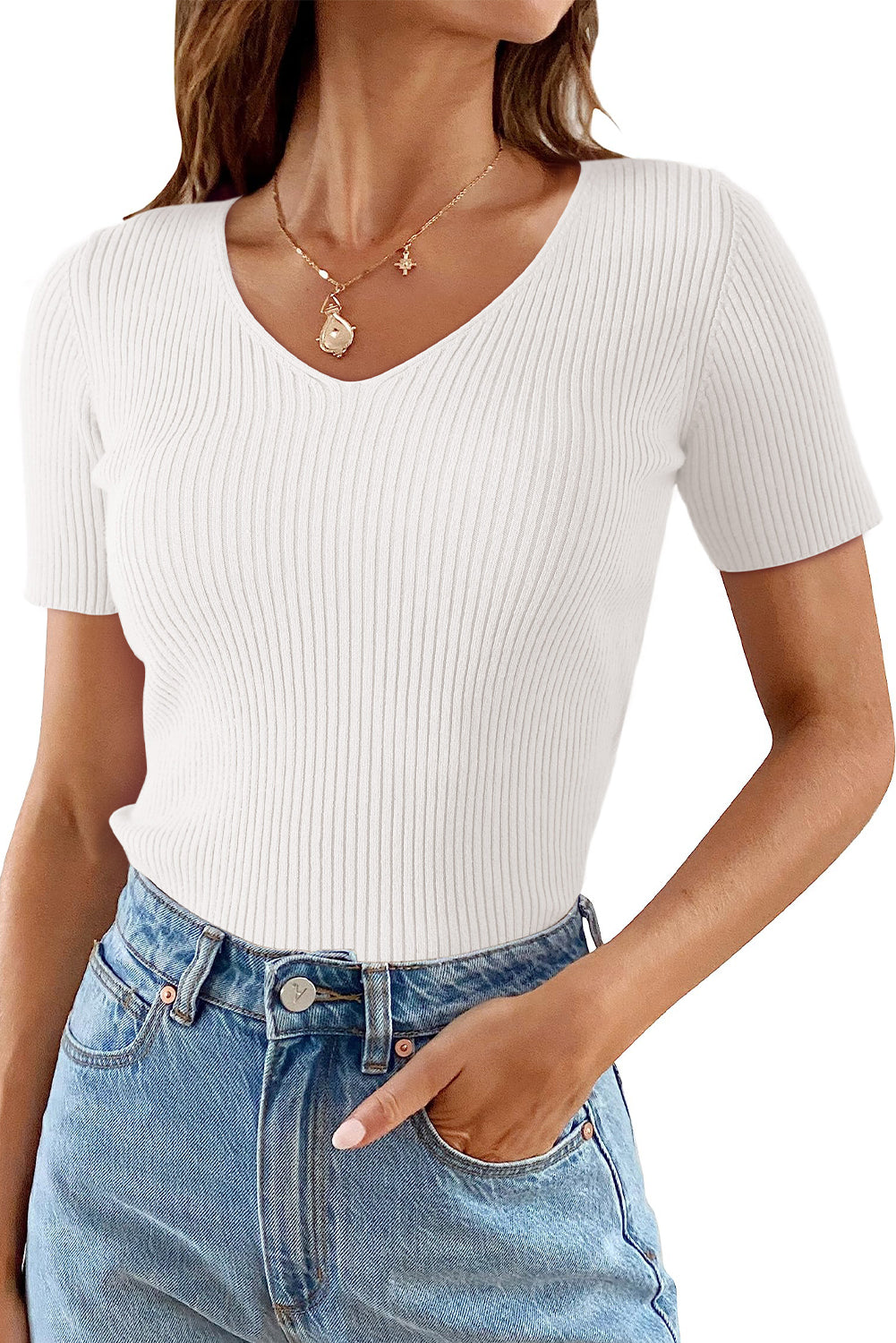 Tricia Ribbed Knit V-Neck Top - Short Sleeve, Black or White - Image 2