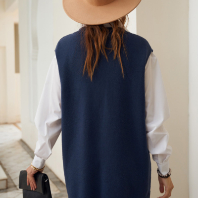Evelyn - Dark Blue Knit Vest Pullover Sweater Mini Dress - Image 3