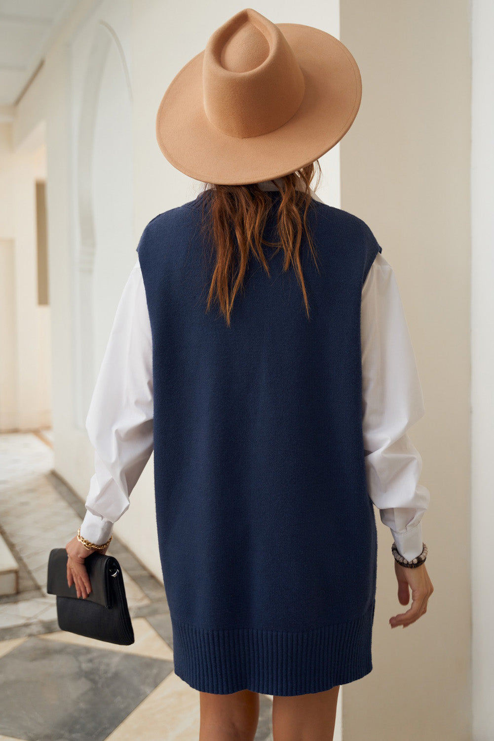Evelyn - Dark Blue Knit Vest Pullover Sweater Mini Dress - Image 3
