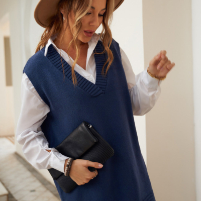 Alternative view of Evelyn - Dark Blue Knit Vest Pullover Sweater Mini Dress