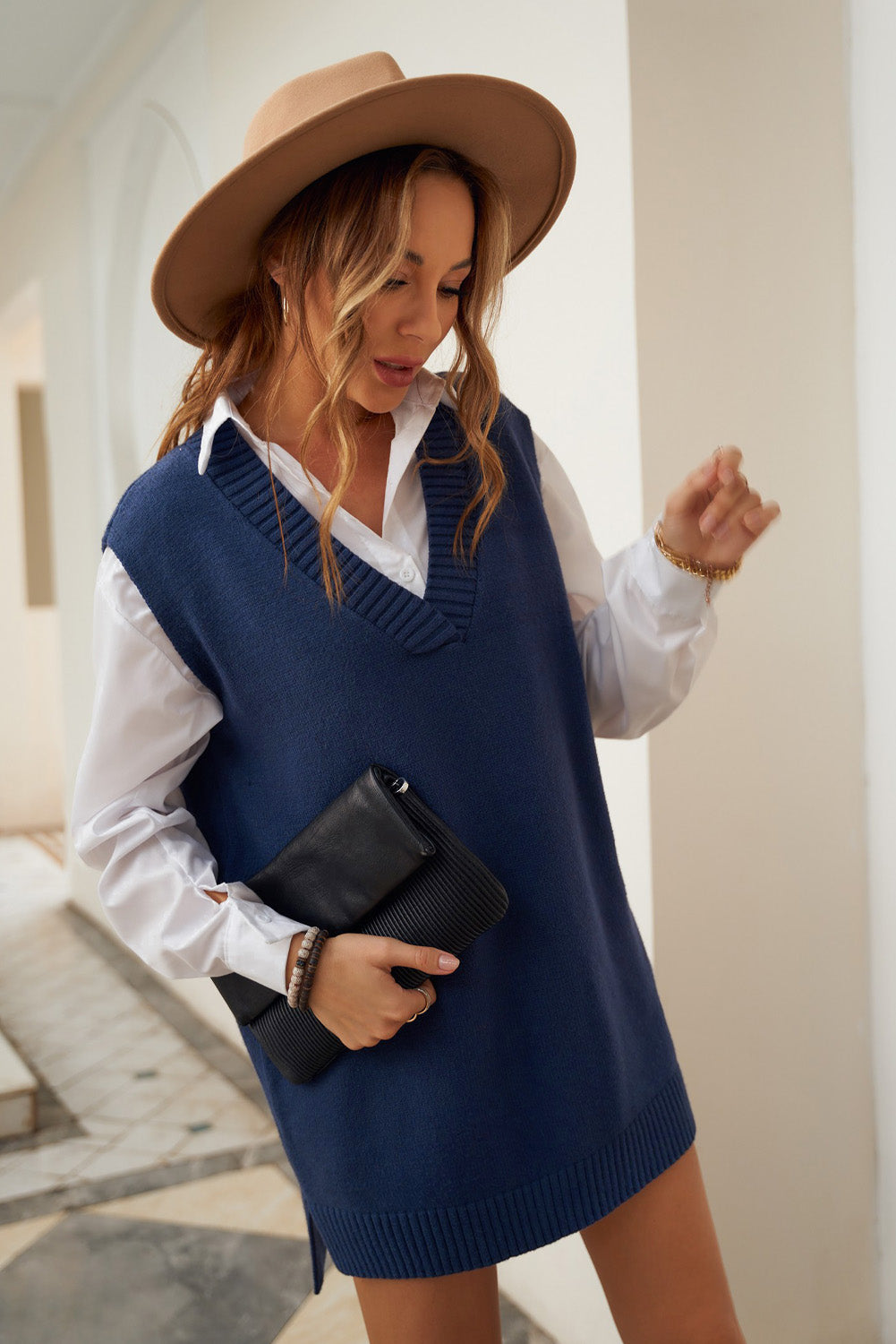 Evelyn - Dark Blue Knit Vest Pullover Sweater Mini Dress - Image 2