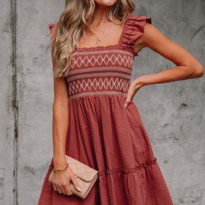 JudyAnn - Red Sandalwood Geometric Stitch Shirred Bodice Ruffled Trim Sleeveless Mini Dress - Image 5