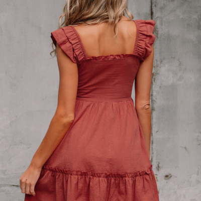 JudyAnn - Red Sandalwood Geometric Stitch Shirred Bodice Ruffled Trim Sleeveless Mini Dress - Image 3