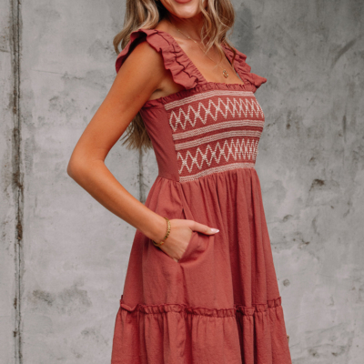 JudyAnn - Red Sandalwood Geometric Stitch Shirred Bodice Ruffled Trim Sleeveless Mini Dress - Image 6