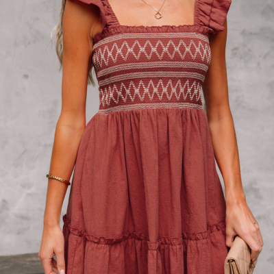 JudyAnn - Red Sandalwood Geometric Stitch Shirred Bodice Ruffled Trim Sleeveless Mini Dress - Image 8