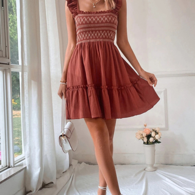 JudyAnn - Red Sandalwood Geometric Stitch Shirred Bodice Ruffled Trim Sleeveless Mini Dress - Image 7