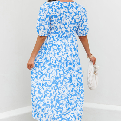Stacey-Sky Blue Floral V Neck Puff Short Sleeve Flowy Long Dress - Image 5