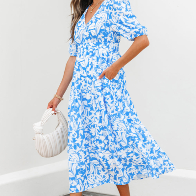 Stacey-Sky Blue Floral V Neck Puff Short Sleeve Flowy Long Dress - Image 4