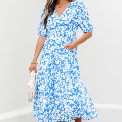 Stacey-Sky Blue Floral V Neck Puff Short Sleeve Flowy Long Dress - Image 3