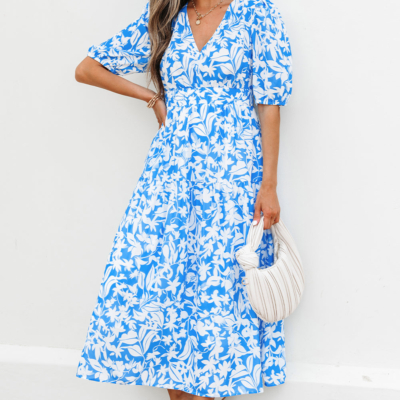 Stacey-Sky Blue Floral V Neck Puff Short Sleeve Flowy Long Dress - Image 6