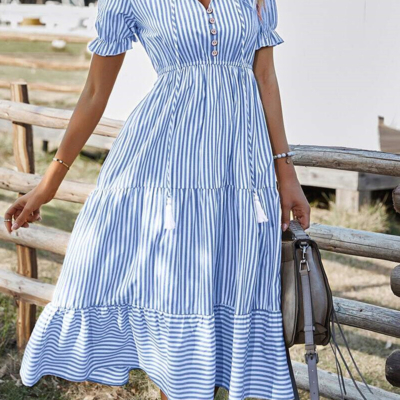 Jessie-Sky Blue Stripe Button Tassel Tie Detail Frilled Short Sleeve Flared Midi Dress