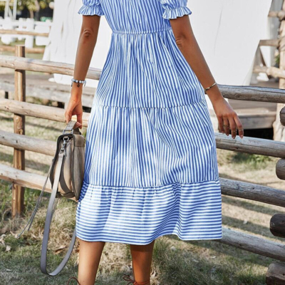 Alternative view of Jessie-Sky Blue Stripe Button Tassel Tie Detail Frilled Short Sleeve Flared Midi Dress