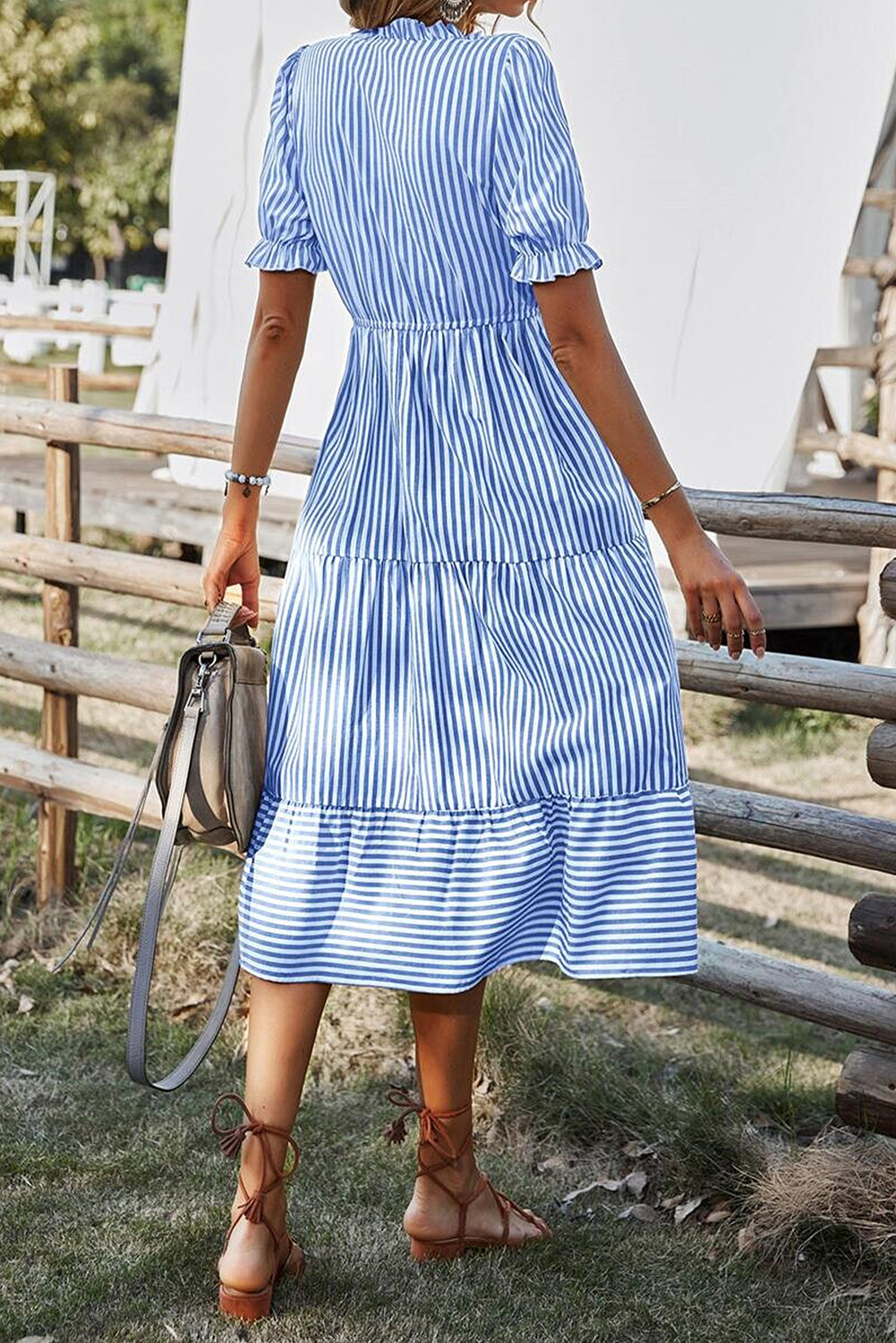 Jessie-Sky Blue Stripe Button Tassel Tie Detail Frilled Short Sleeve Flared Midi Dress - Image 2