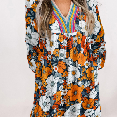 Brookelyn - Orange Floral Print Striped Lace V Neck Long Sleeve Mini Dress - Image 3
